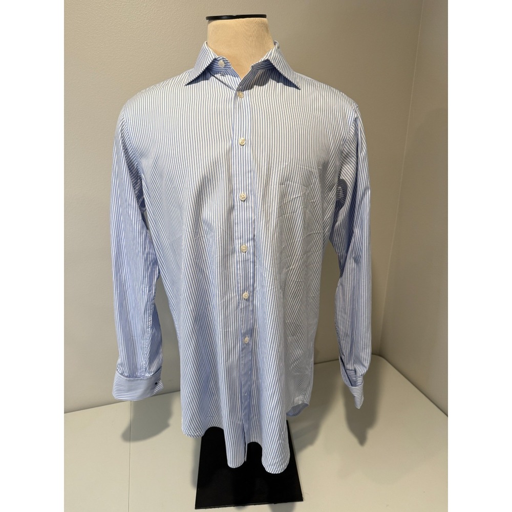 T.M.Lewin Dress Shirt Mens 16.5 Blue Striped Cotton Gentlemen Regular Fit Formal
